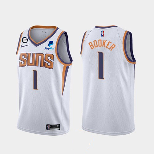Men's Phoenix Suns #1 Devin Booker White Association Edition With NO.6 Patch Stitched Basketball Jersey,We sell and wholesale Men's Phoenix Suns #1 Devin Booker White Association Edition With NO.6 Patch Stitched Basketball Jersey on line form chian!